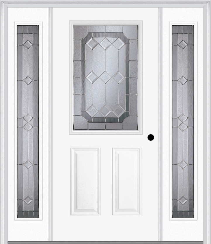 MMI 1/2 Lite 2 Panel 6'8" Fiberglass Smooth Majestic Brass Or Majestic Nickel Exterior Prehung Door With 2 Full Lite Majestic Brass/Nickel Decorative Glass Sidelights 684